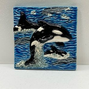 Sian Alexander Ceramics Colorful Raised Whales Hanging Tile - Home Decor Art